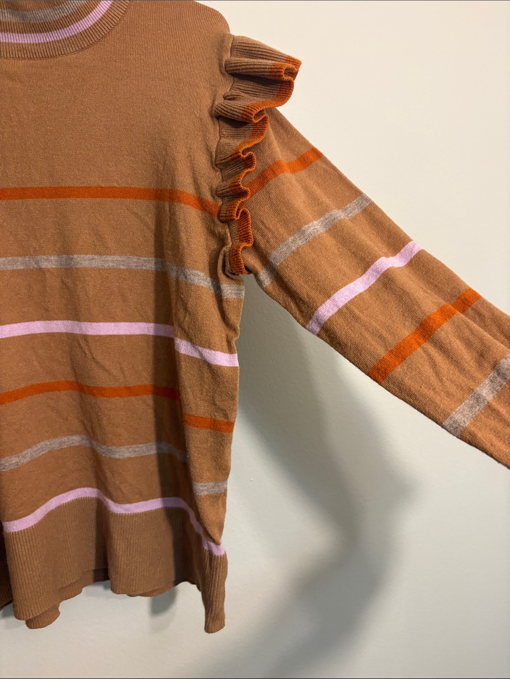 THML Tan Striped Ruffle-Shoulder Sweater - Picture 4 of 9